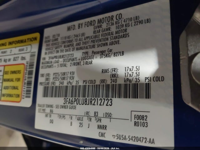 3FA6P0LU8JR212723 Ford Fusion Hybrid Se
