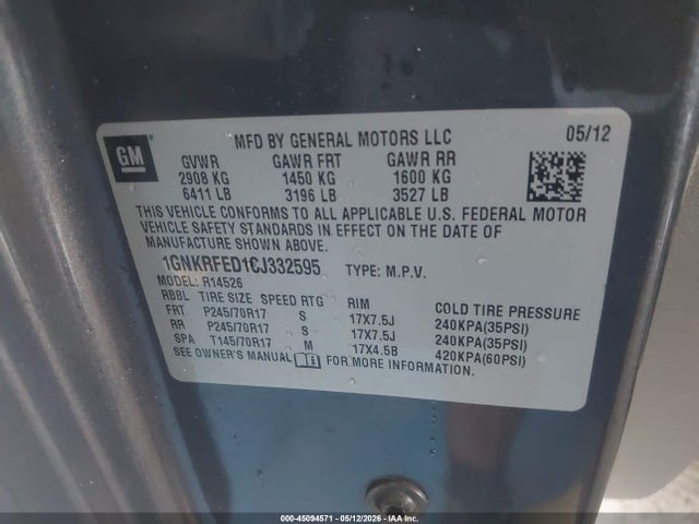 Aukcja sprzedaży 2012 Chevrolet Traverse Ls, vin: 1GNKRFED1CJ332595, numer aukcji: 45094571