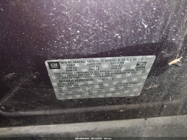 Aukcja sprzedaży 2018 Chevrolet Equinox Lt, vin: 3GNAXJEV0JS514149, numer aukcji: 45094585