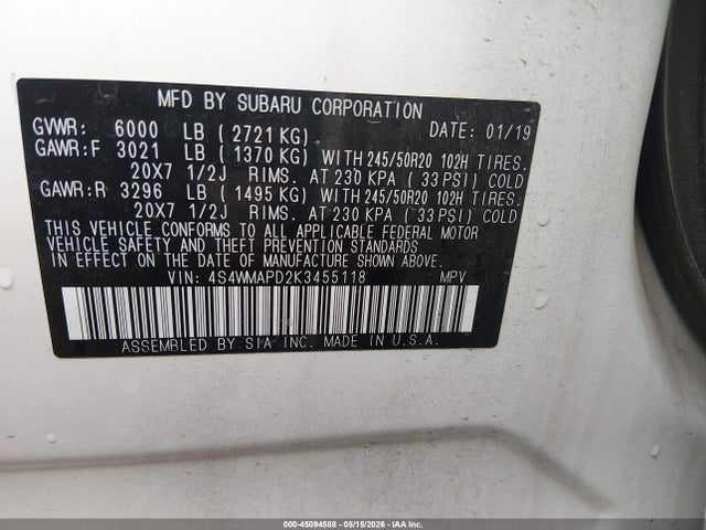 Aukcja sprzedaży 2019 Subaru Ascent Limited, vin: 4S4WMAPD2K3455118, numer aukcji: 45094588