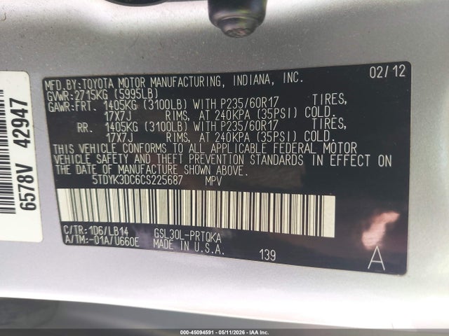 2012 Toyota Sienna Xle V6 8 Passenger მანქანა იყიდება აუქციონზე, vin: 5TDYK3DC6CS225687, აუქციონის ნომერი: 45094591