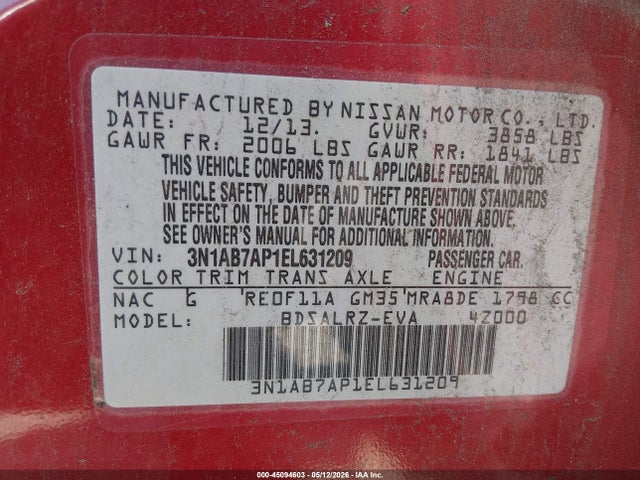 Aukcja sprzedaży 2014 Nissan Sentra Sr, vin: 3N1AB7AP1EL631209, numer aukcji: 45094603