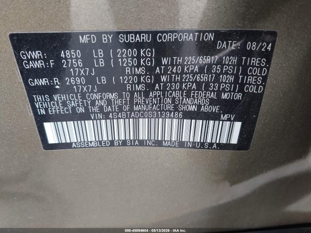 Aukcja sprzedaży 2025 Subaru Outback Premium, vin: 4S4BTADC0S3139486, numer aukcji: 45094604