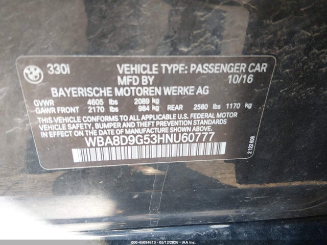 2017 Bmw 330i Xdrive მანქანა იყიდება აუქციონზე, vin: WBA8D9G53HNU60777, აუქციონის ნომერი: 45094610