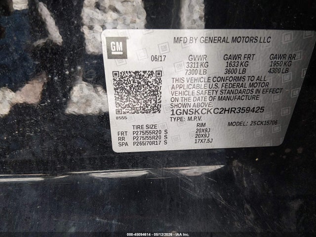 45094614 :رقم المزاد ، 1GNSKCKC2HR359425 vin ، 2017 Chevrolet Tahoe Premier مزاد بيع