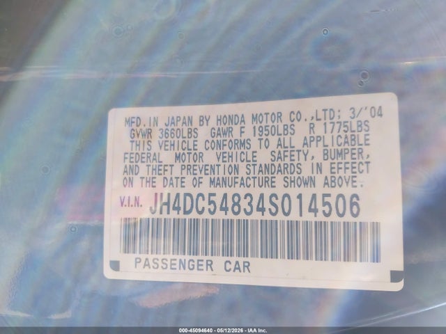 45094640 :رقم المزاد ، JH4DC54834S014506 vin ، 2004 Acura Rsx مزاد بيع