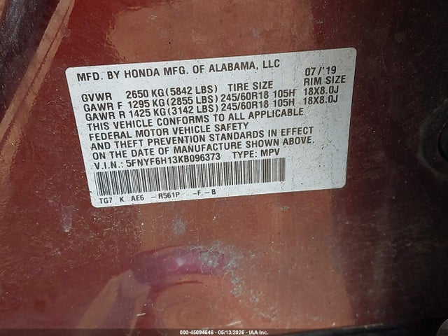 2019 Honda Pilot Lx მანქანა იყიდება აუქციონზე, vin: 5FNYF6H13KB096373, აუქციონის ნომერი: 45094646