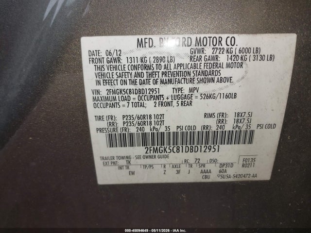 45094649 :رقم المزاد ، 2FMGK5C81DBD12951 vin ، 2013 Ford Flex Sel مزاد بيع