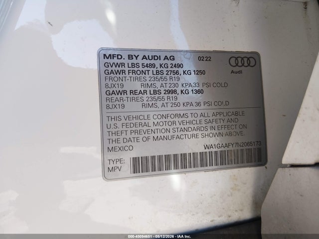 Aukcja sprzedaży 2022 Audi Q5 Premium 45 Tfsi S Line Quattro S Tronic, vin: WA1GAAFY7N2065173, numer aukcji: 45094651