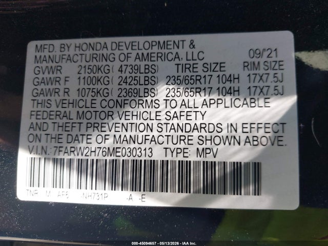 Aukcja sprzedaży 2021 Honda Cr-v Awd Special Edition, vin: 7FARW2H76ME030313, numer aukcji: 45094657