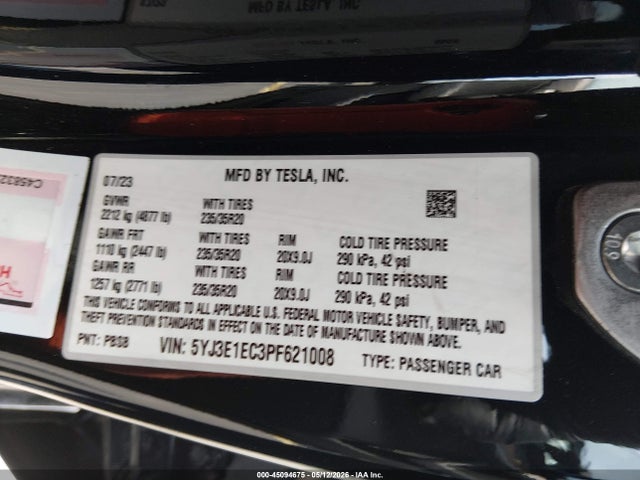 2023 Tesla Model 3 Performance Dual Motor All-wheel Drive მანქანა იყიდება აუქციონზე, vin: 5YJ3E1EC3PF621008, აუქციონის ნომერი: 45094675