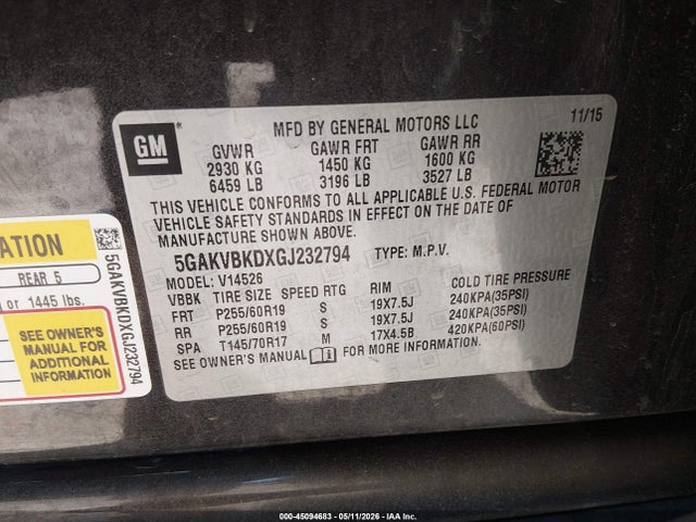 Продаж на аукціоні авто 2016 Buick Enclave Leather, vin: 5GAKVBKDXGJ232794, номер лоту: 45094683