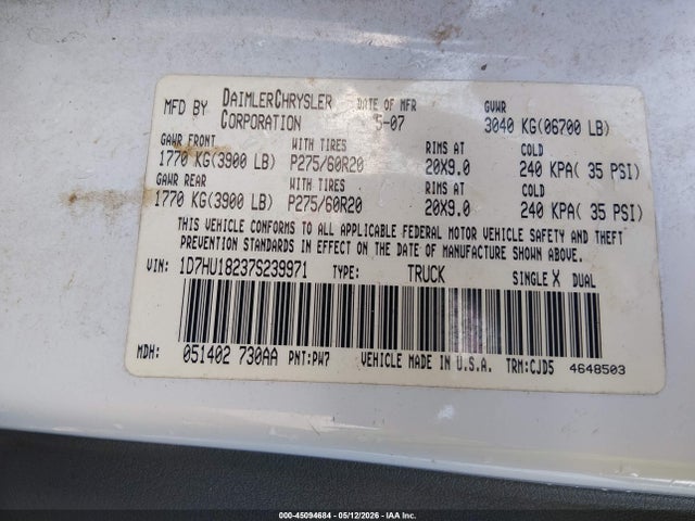 Продаж на аукціоні авто 2007 Dodge Ram 1500 Slt/trx4 Off Road/sport, vin: 1D7HU18237S239971, номер лоту: 45094684