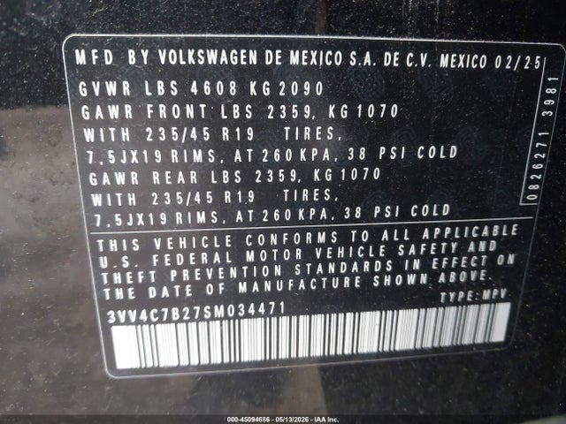 2025 Volkswagen Taos 1.5t Sel მანქანა იყიდება აუქციონზე, vin: 3VV4C7B27SM034471, აუქციონის ნომერი: 45094686
