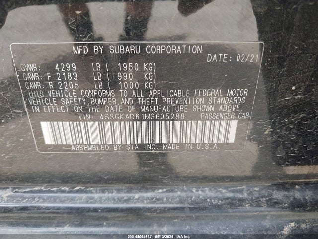 Продаж на аукціоні авто 2021 Subaru Impreza Premium, vin: 4S3GKAD61M3605288, номер лоту: 45094687