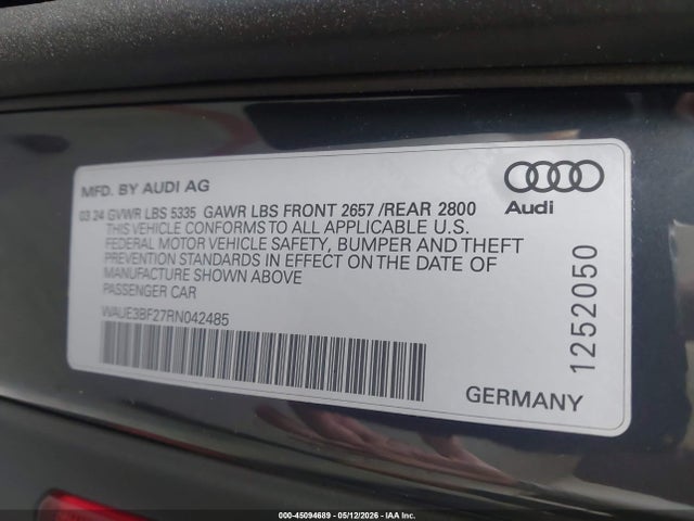 Aukcja sprzedaży 2024 Audi A6 Premium Plus 45 Tfsi Quattro S Tronic, vin: WAUE3BF27RN042485, numer aukcji: 45094689