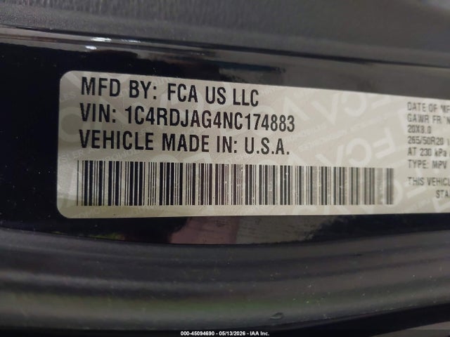2022 Dodge Durango Sxt Awd მანქანა იყიდება აუქციონზე, vin: 1C4RDJAG4NC174883, აუქციონის ნომერი: 45094690