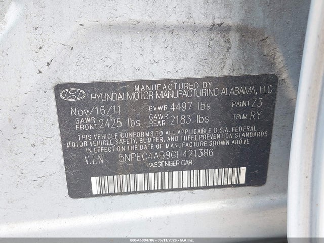 2012 Hyundai Sonata Se 2.0t მანქანა იყიდება აუქციონზე, vin: 5NPEC4AB9CH421386, აუქციონის ნომერი: 45094706