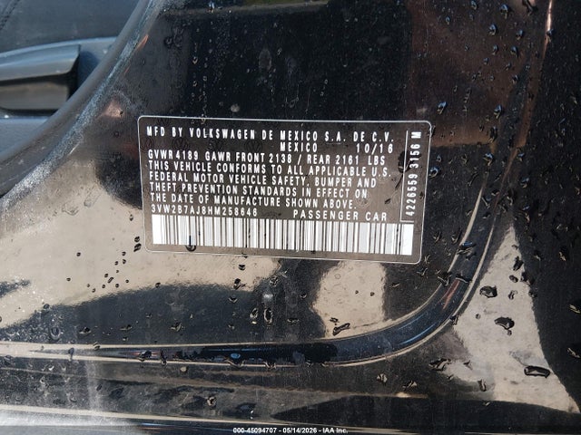 2017 Volkswagen Jetta 1.4t S მანქანა იყიდება აუქციონზე, vin: 3VW2B7AJ8HM258646, აუქციონის ნომერი: 45094707