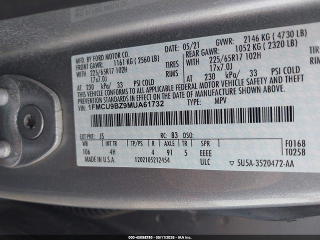Aukcja sprzedaży 2021 Ford Escape Se Hybrid, vin: 1FMCU9BZ9MUA61732, numer aukcji: 45094710