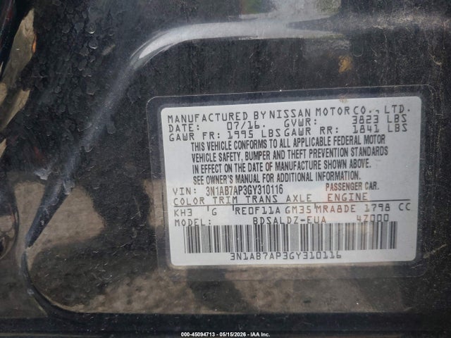 45094713 :رقم المزاد ، 3N1AB7AP3GY310116 vin ، 2016 Nissan Sentra Sv مزاد بيع
