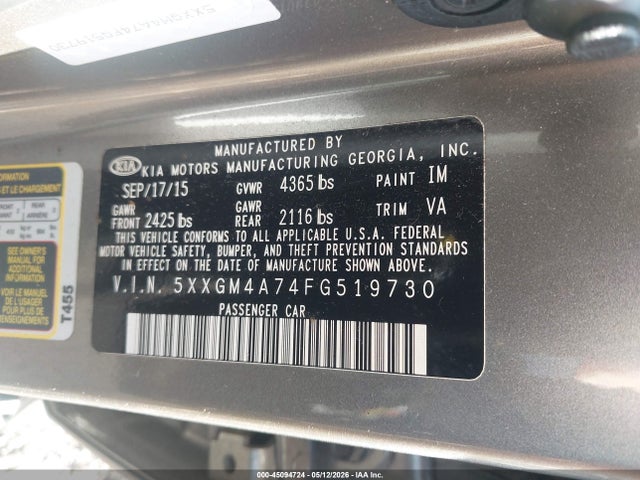 45094724 :رقم المزاد ، 5XXGM4A74FG519730 vin ، 2015 Kia Optima Lx مزاد بيع