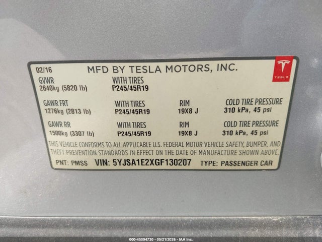 Продажа на аукционе авто 2016 Tesla Model S 60d/70d/75d/85d/90d, vin: 5YJSA1E2XGF130207, номер лота: 45094730
