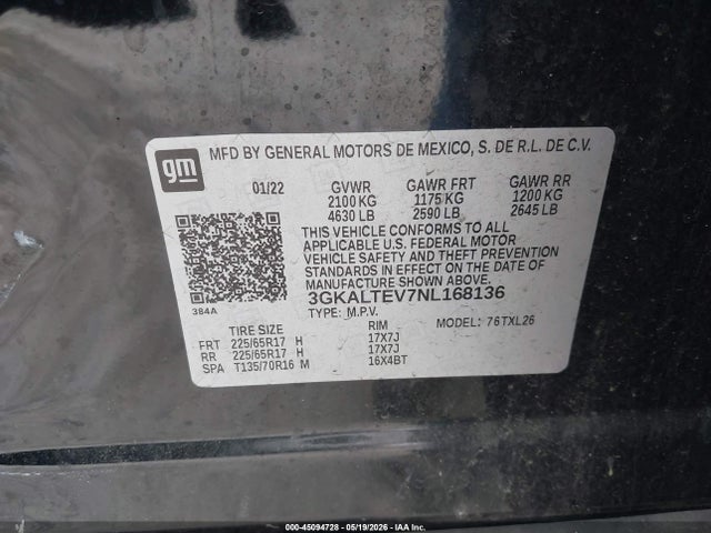 Продаж на аукціоні авто 2022 Gmc Terrain Awd Sle, vin: 3GKALTEV7NL168136, номер лоту: 45094728