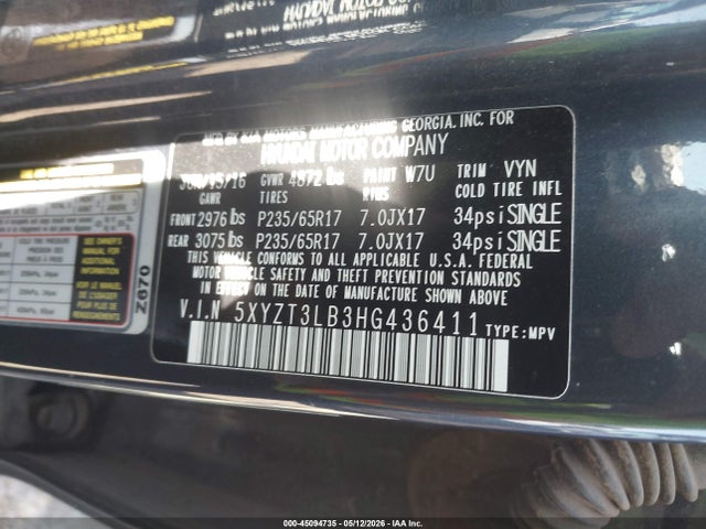 45094735 :رقم المزاد ، 5XYZT3LB3HG436411 vin ، 2017 Hyundai Santa Fe Sport 2.4l مزاد بيع