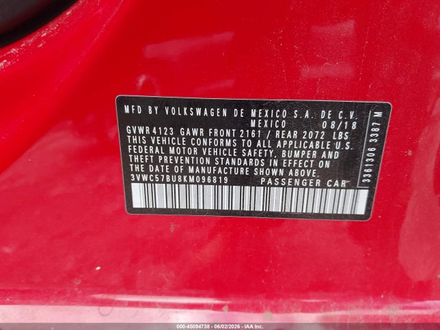 Aukcja sprzedaży 2019 Volkswagen Jetta 1.4t R-line/1.4t S/1.4t Se, vin: 3VWC57BU8KM096819, numer aukcji: 45094738