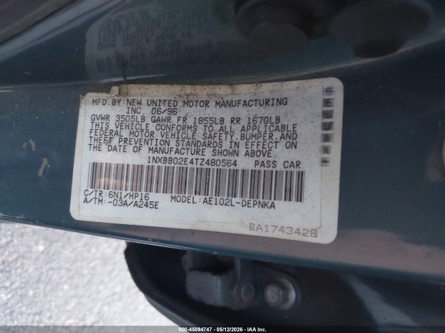 Продажа на аукционе авто 1996 Toyota Corolla Dx, vin: 1NXBB02E4TZ480564, номер лота: 45094747