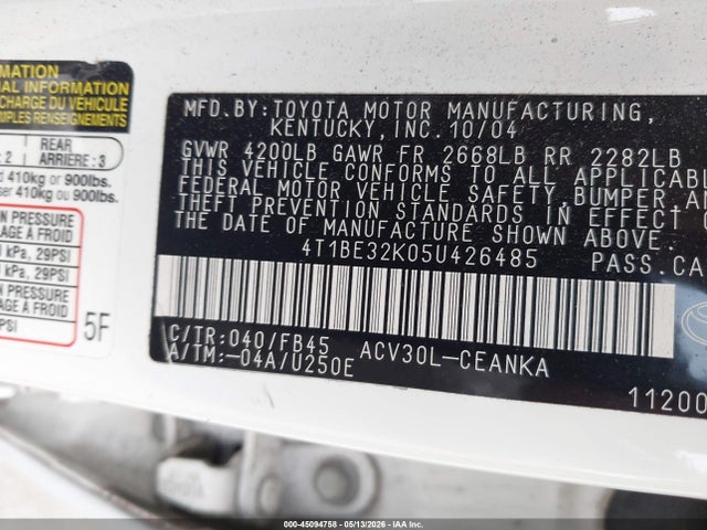 Продаж на аукціоні авто 2005 Toyota Camry Le, vin: 4T1BE32K05U426485, номер лоту: 45094758