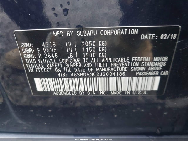 45094767 :رقم المزاد ، 4S3BNAN63J3034186 vin ، 2018 Subaru Legacy 2.5i Limited مزاد بيع