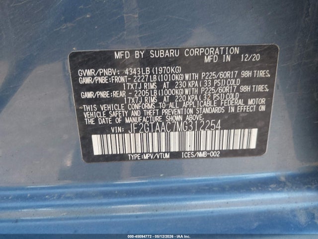 45094772 :رقم المزاد ، JF2GTAAC7MG312254 vin ، 2021 Subaru Crosstrek مزاد بيع