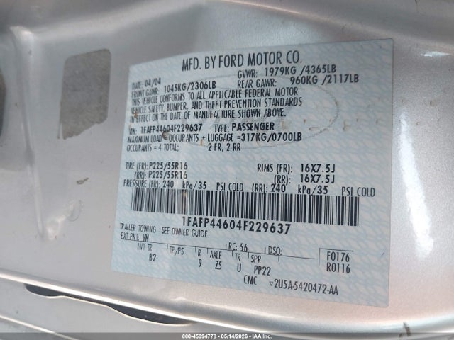 Aukcja sprzedaży 2004 Ford Mustang, vin: 1FAFP44604F229637, numer aukcji: 45094778