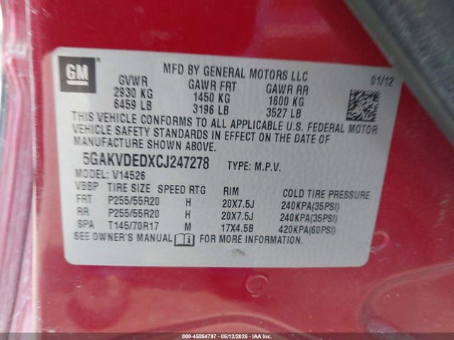 Aukcja sprzedaży 2012 Buick Enclave Premium, vin: 5GAKVDEDXCJ247278, numer aukcji: 45094797