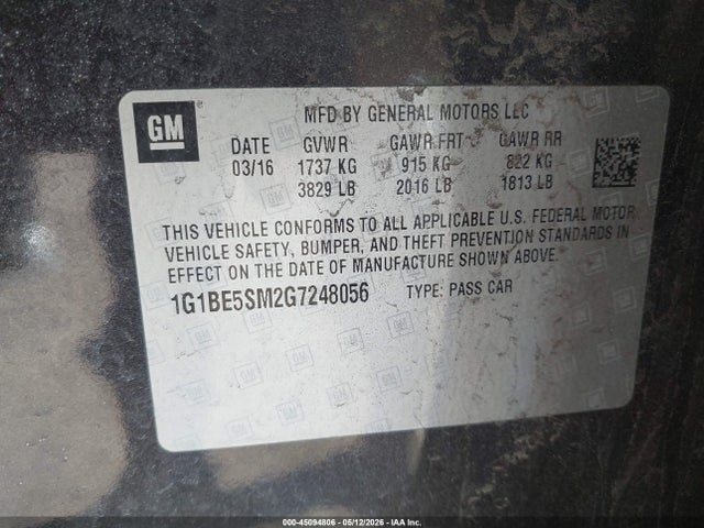 Aukcja sprzedaży 2016 Chevrolet Cruze Lt Auto, vin: 1G1BE5SM2G7248056, numer aukcji: 45094806