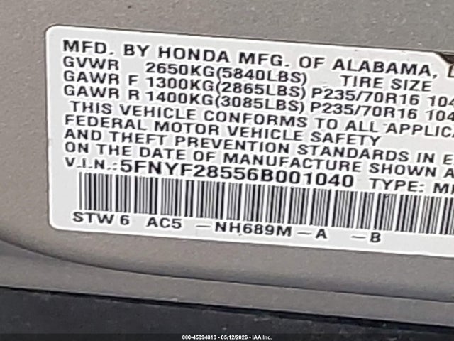 Aukcja sprzedaży 2006 Honda Pilot Ex-l, vin: 5FNYF28556B001040, numer aukcji: 45094810