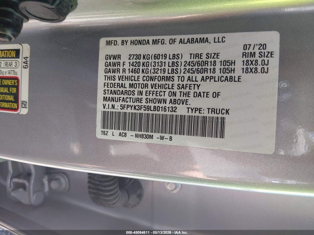 Aukcja sprzedaży 2020 Honda Ridgeline Awd Rtl, vin: 5FPYK3F59LB016132, numer aukcji: 45094811