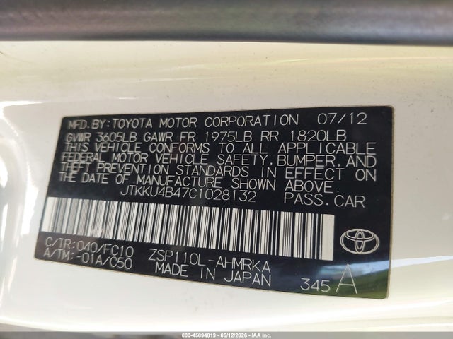Aukcja sprzedaży 2012 Scion Xd, vin: JTKKU4B47C1028132, numer aukcji: 45094819