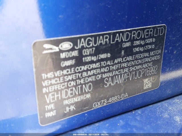 2018 Jaguar Xe S მანქანა იყიდება აუქციონზე, vin: SAJAM4FV1JCP16992, აუქციონის ნომერი: 45094826