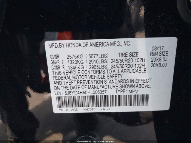 Продаж на аукціоні авто 2017 Acura Mdx Technology Package, vin: 5J8YD4H50HL006357, номер лоту: 45094830
