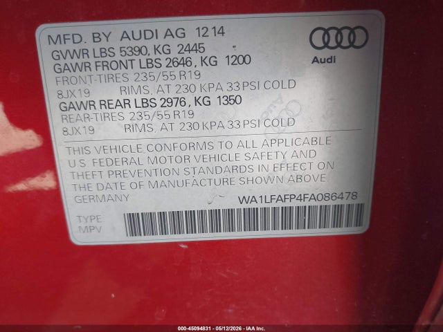 Aukcja sprzedaży 2015 Audi Q5 2.0t Premium, vin: WA1LFAFP4FA086478, numer aukcji: 45094831