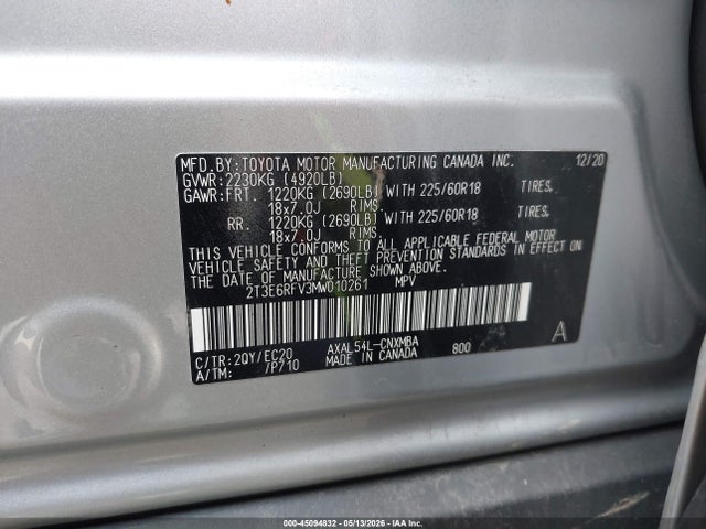 2021 Toyota Rav4 Hybrid Xse მანქანა იყიდება აუქციონზე, vin: 2T3E6RFV3MW010261, აუქციონის ნომერი: 45094832