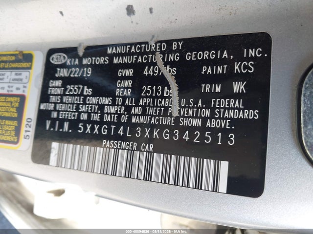 Продажа на аукционе авто 2019 Kia Optima Lx, vin: 5XXGT4L3XKG342513, номер лота: 45094836
