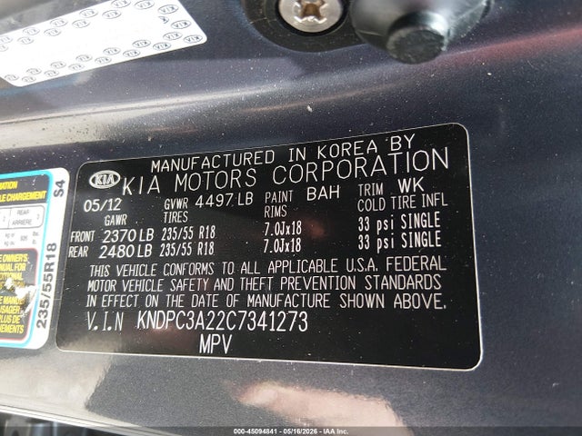 45094841 :رقم المزاد ، KNDPC3A22C7341273 vin ، 2012 Kia Sportage Ex مزاد بيع