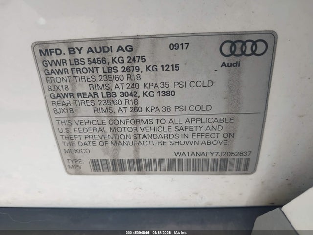 2018 Audi Q5 2.0t Premium/2.0t Tech Premium მანქანა იყიდება აუქციონზე, vin: WA1ANAFY7J2052637, აუქციონის ნომერი: 45094846