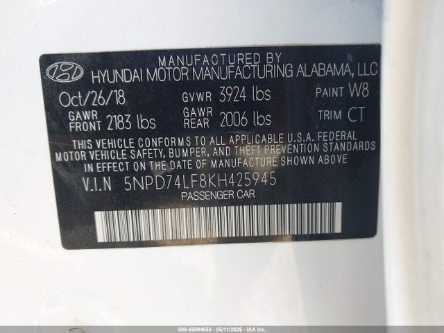 Продажа на аукционе авто 2019 Hyundai Elantra Se, vin: 5NPD74LF8KH425945, номер лота: 45094850
