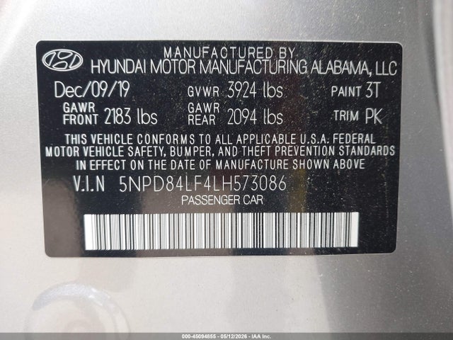 2020 Hyundai Elantra Sel მანქანა იყიდება აუქციონზე, vin: 5NPD84LF4LH573086, აუქციონის ნომერი: 45094855