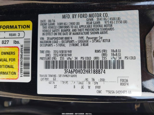 Продажа на аукционе авто 2017 Ford Fusion Se, vin: 3FA6P0HD2HR188874, номер лота: 45094860